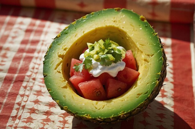 Photo guacamole served in a hollowedout pineapple or waterme