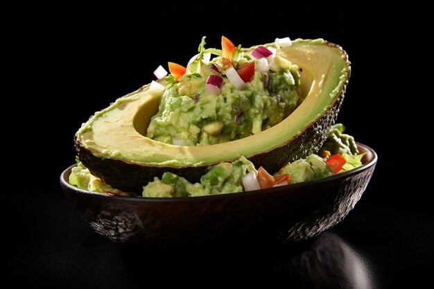 Photo guacamole served in a rustic wooden bowl with a side of salsa