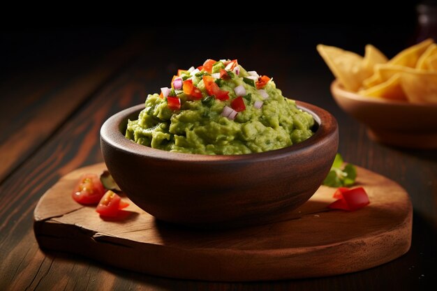 Photo guacamole served in a rustic wooden bowl with a side of salsa