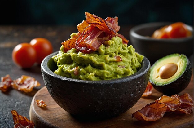 Photo guacamole served with a side of crispy bacon or choriz