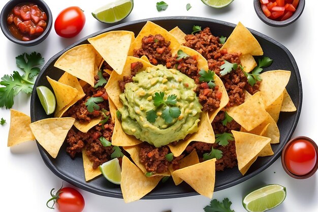 Photo guacamole with avocado lime tomato and cilantro with tortilla chips