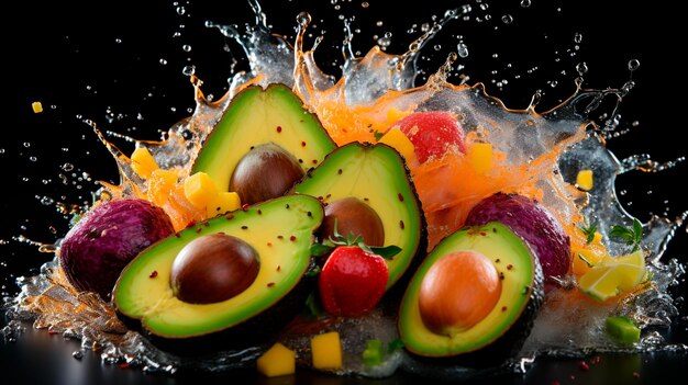 Photo guacamole with fresh avocado and spices on black background