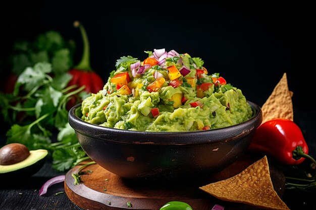 Foto guacamole wordt geserveerd op een schotel met een verscheidenheid aan dipping opties