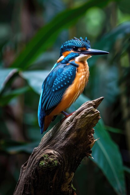 The guam kingfisher perching on a weathered branch in a tropical forest