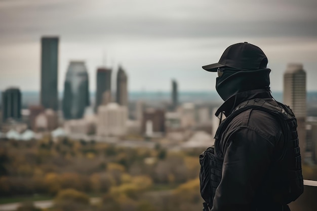 Photo guard in black stands with his back to an outoffocus city skyline generative ai