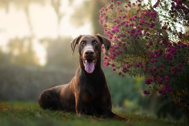 Il cane da guardia giace sull'erba nel cortile.