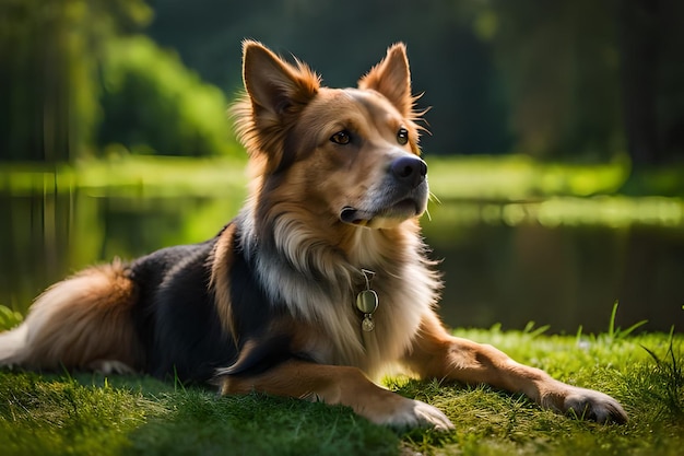 公園の芝生の上に横たわる番犬