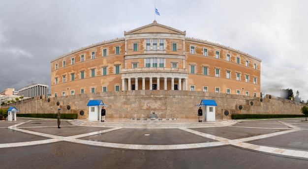 Guard of the Greek Evzonov Guards at grave of Unknown Soldier on Syntagma Square in Athens