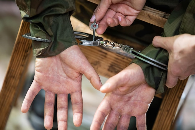 Photo a guard unlocks the handcuffs of an accused soldier with a small key