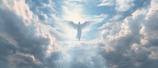 Guardian Angel Blue Sky beautiful angelic wings with bright white light between floating in a pink blue ethereal sky background with copy space