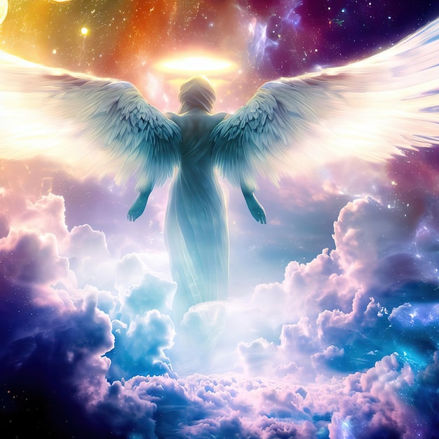 守護天使の光があなたを見守っている金色の天使の羽のペアと、その間に輝く光