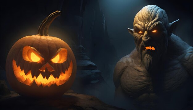 a guardian spirit with a pumpkin for a face its features glowing with an unearthly light