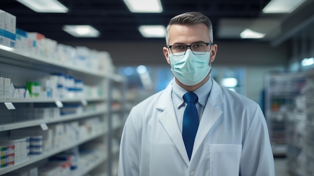 Guardians of health A dedicated female pharmacist wearing a protective mask works in a pharmacy