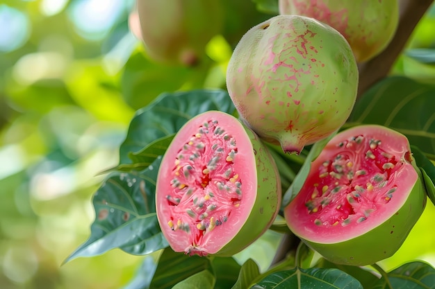 Guava fruit on a tree with pink and green colors cut guava in the background Ai generated