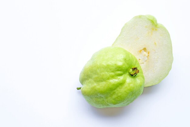 Guava fruit on white.  Copy space