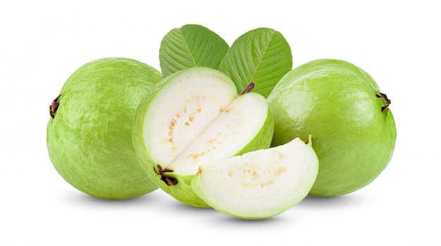 Guava fruit with leaf isolated on white