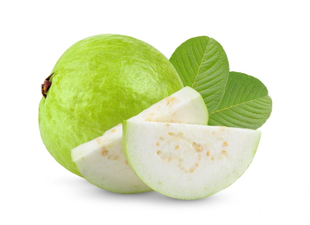 Guava fruit with leaf on white