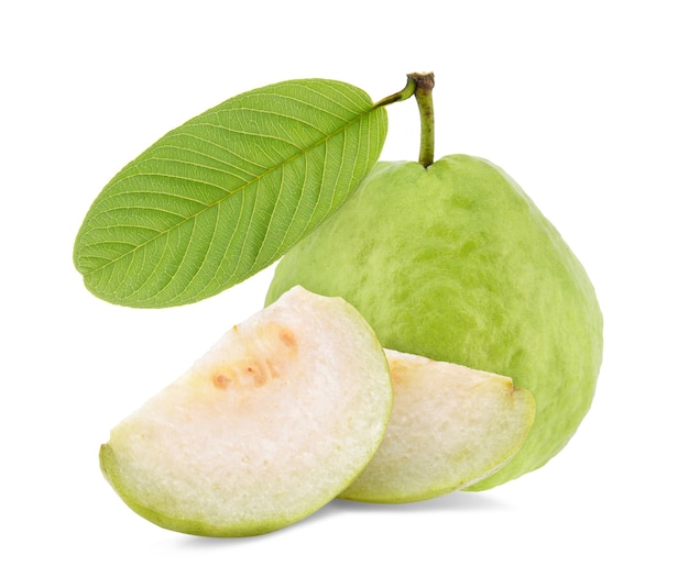 Guava fruit with leaves isolated on white