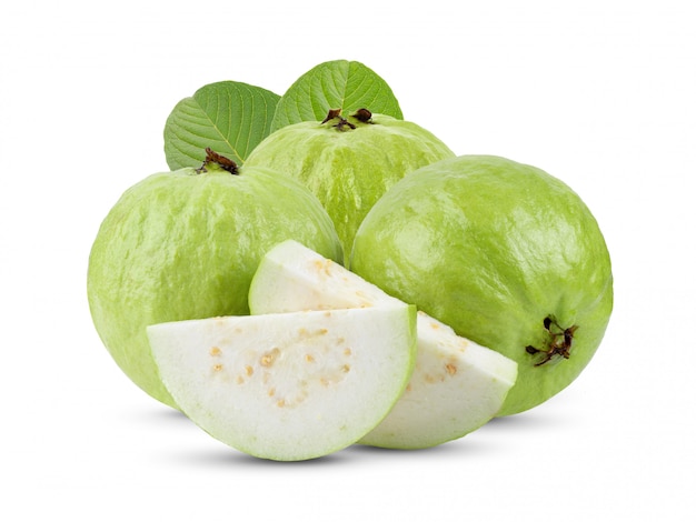 Guava fruit with leaves on white table