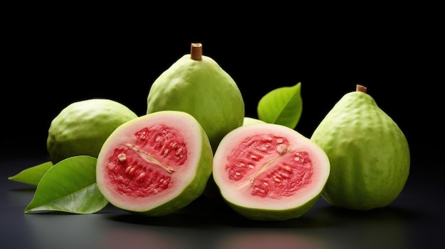 Guava fruits on black background Whole and halves Green peel red flesh Psidium guajava Exotic tropic