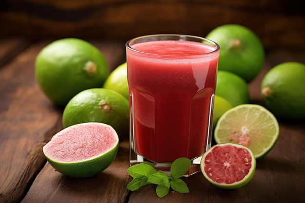 Foto il succo di guava viene versato da un frullatore in un bicchiere con una fetta di guava sul bordo