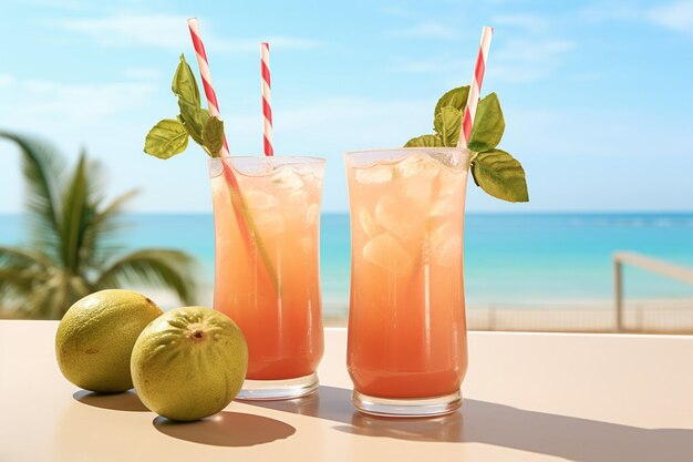 guava juice served in a coconut shell with a slice of guava and a colorful straw