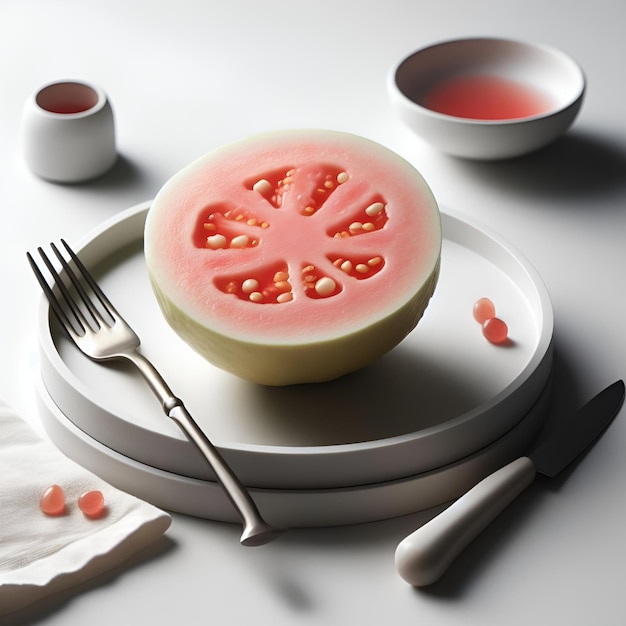 guava on a white plate on a white background