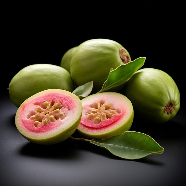 Guavefruit met groene bladeren en een van de vruchten heeft een blad erop.