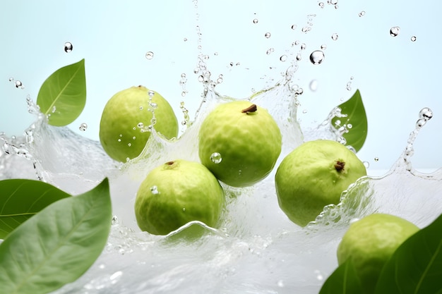 Guavevruchten die in de showcaseillustratie van het waterproduct vallen