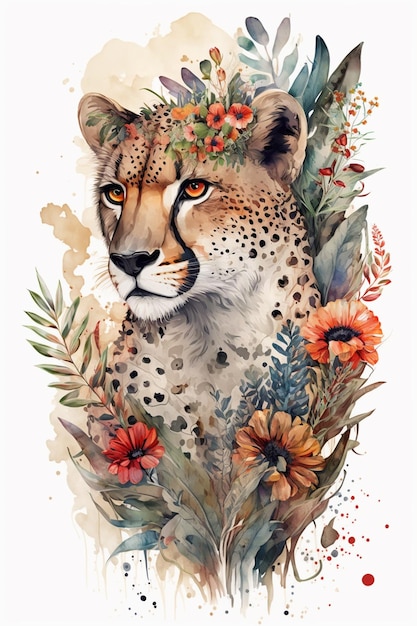 Photo guepard avec couronne de fleurs watercolor