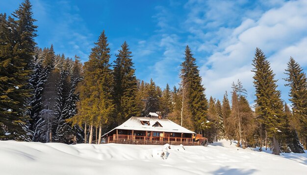 Guest house forester in the winter forest in the carpathians on lake vita western ukraine