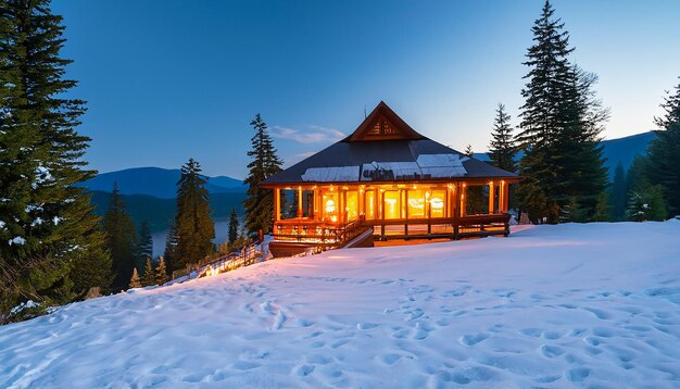 Photo guest house forester in the winter forest in the carpathians on lake vita western ukraine