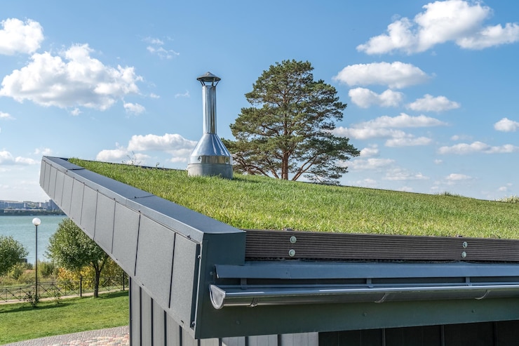 Photo guest house with metal standing seam facade and lawn on flat roof on lake bank rooftop with grass