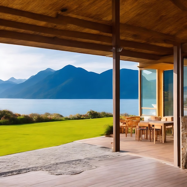 A Guest House with a view of the mountains and the ocean Beautiful Background Ai Generated