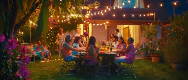 Guests gathered at a backyard barbecue party outside a beautiful home decorated with lights Old and young people relax and enjoy meals