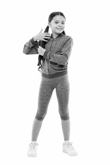 guidance on working out with long hair deal with long hair while exercising working out with long hair girl cute kid with long ponytails wear sportive costume isolated on white sport for girls