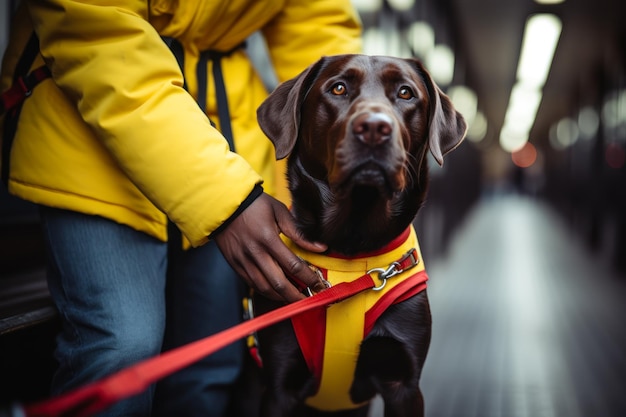 A guide dog helps a blind man on the street generative ai