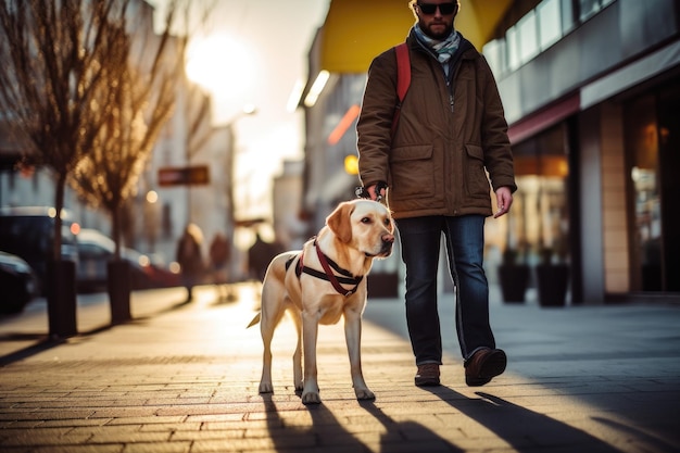 Собака-поводчик с спокойным и сосредоточенным поведением ведет слепого человека с уверенностью, предоставляя