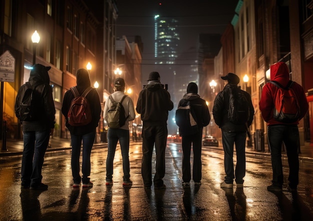 ガイドが写真家グループを率いて、まばゆいばかりの街並みを撮影する夜の街並みツアー
