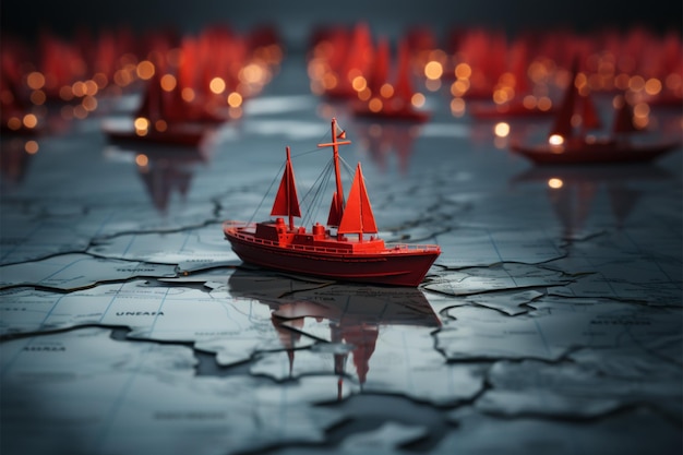 チームワークを表す世界地図で紙の艦隊を率いる赤いリーダーボート