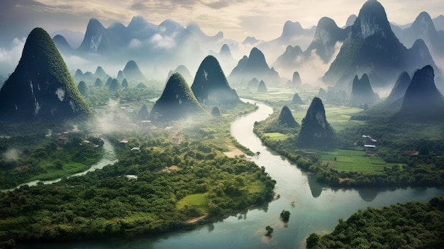 그림 같은 구이린 중국 카르스트 산맥 구불구불한 강 생성적 AI 기술로 제작