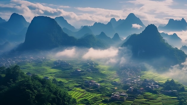 Guilin Grandeur A hillside terrace adorned with 100000 mountains in the picturesque landscape of G