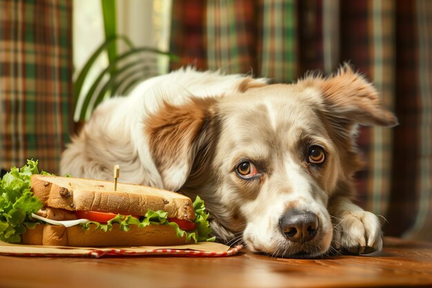 Foto cane dall'aspetto colpevole con un panino rubato.