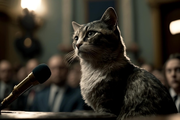 訴訟で彼の自己弁護士の猫猫を弁護しようとしている法廷で有罪のおびえた猫