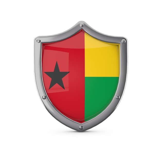 국기와 함께 기니 비사우 보안 개념 금속 방패 모양