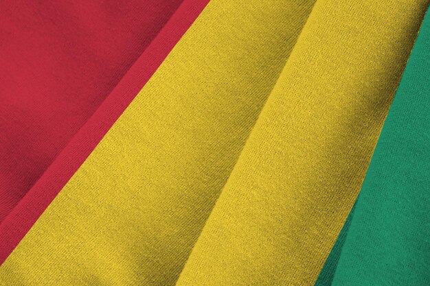 Guinea flag with big folds waving close up under the studio light indoors The official symbols and colors in banner