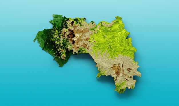 ギニアの地図影付きのレリーフ色海の高さの地図青い背景3dイラスト