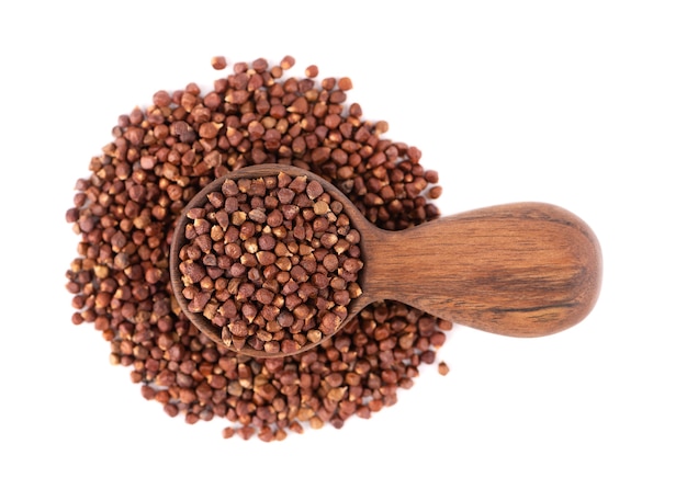 Guinea pepper grains in wooden spoon, isolated