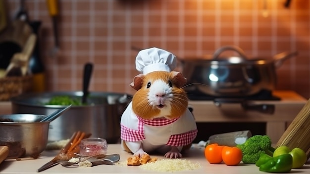 動物のキッチンで料理をしている豚のシェフ