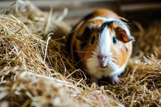 guinea pig and a hay in a pen